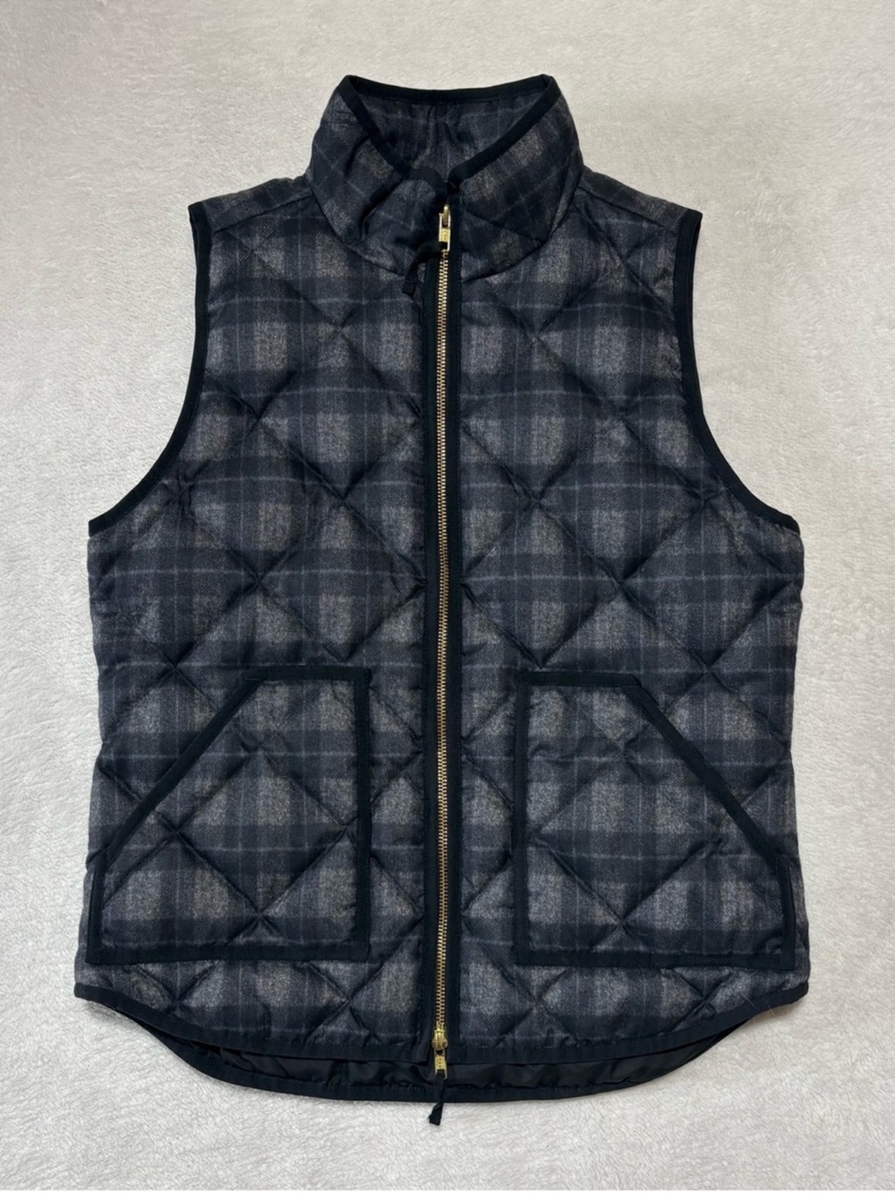 J.Crew Quilted Plaid Zip-Front Vest - Black/Grey